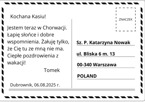 Przykład pocztówki z zagranicy z adresem i nazwą kraju docelowego